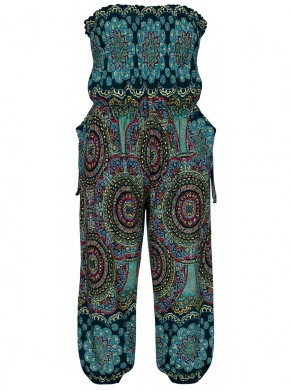 Mandala Print Boho Harem Pants Smocked Waist Pockets Jumpsuit 2-in-1 Teal Gold-S